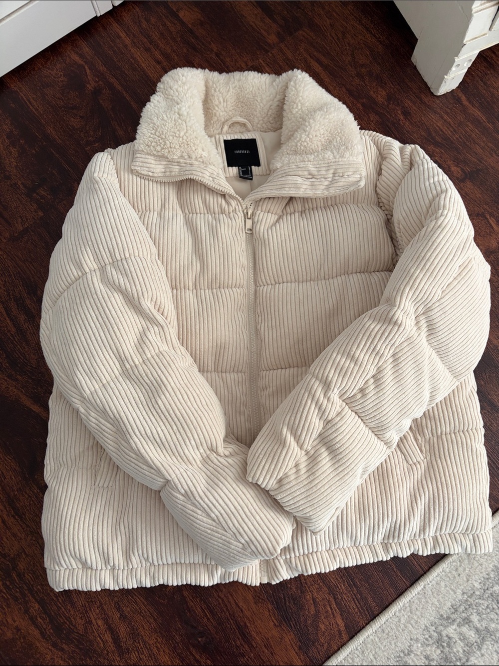 Forever 21 Cream Corduroy Puffer Jacket with Sherpa Collar